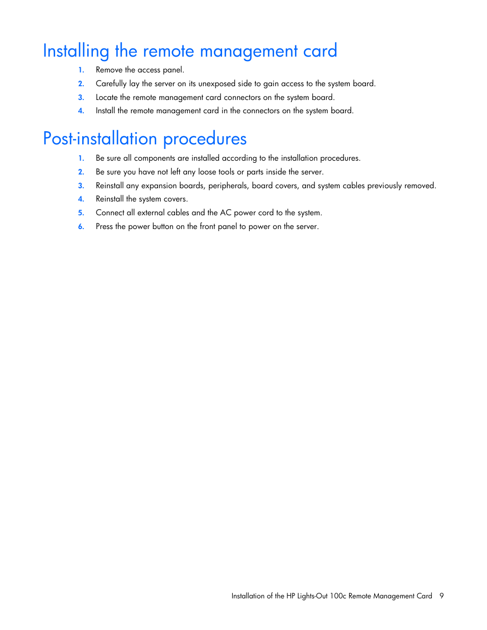 Installing the remote management card, Post-installation procedures | HP ProLiant DL180 Server User Manual | Page 9 / 69