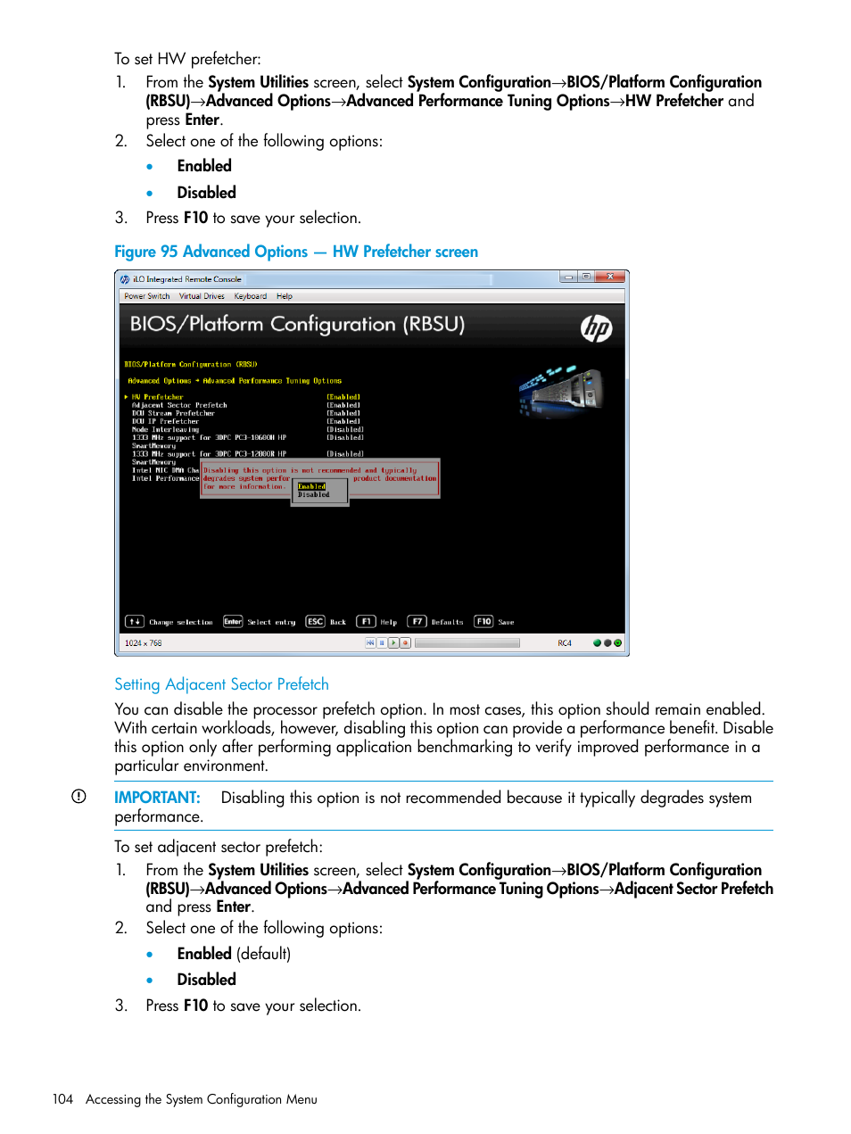 Setting adjacent sector prefetch | HP Unified Extensible Firmware Interface User Manual | Page 104 / 158