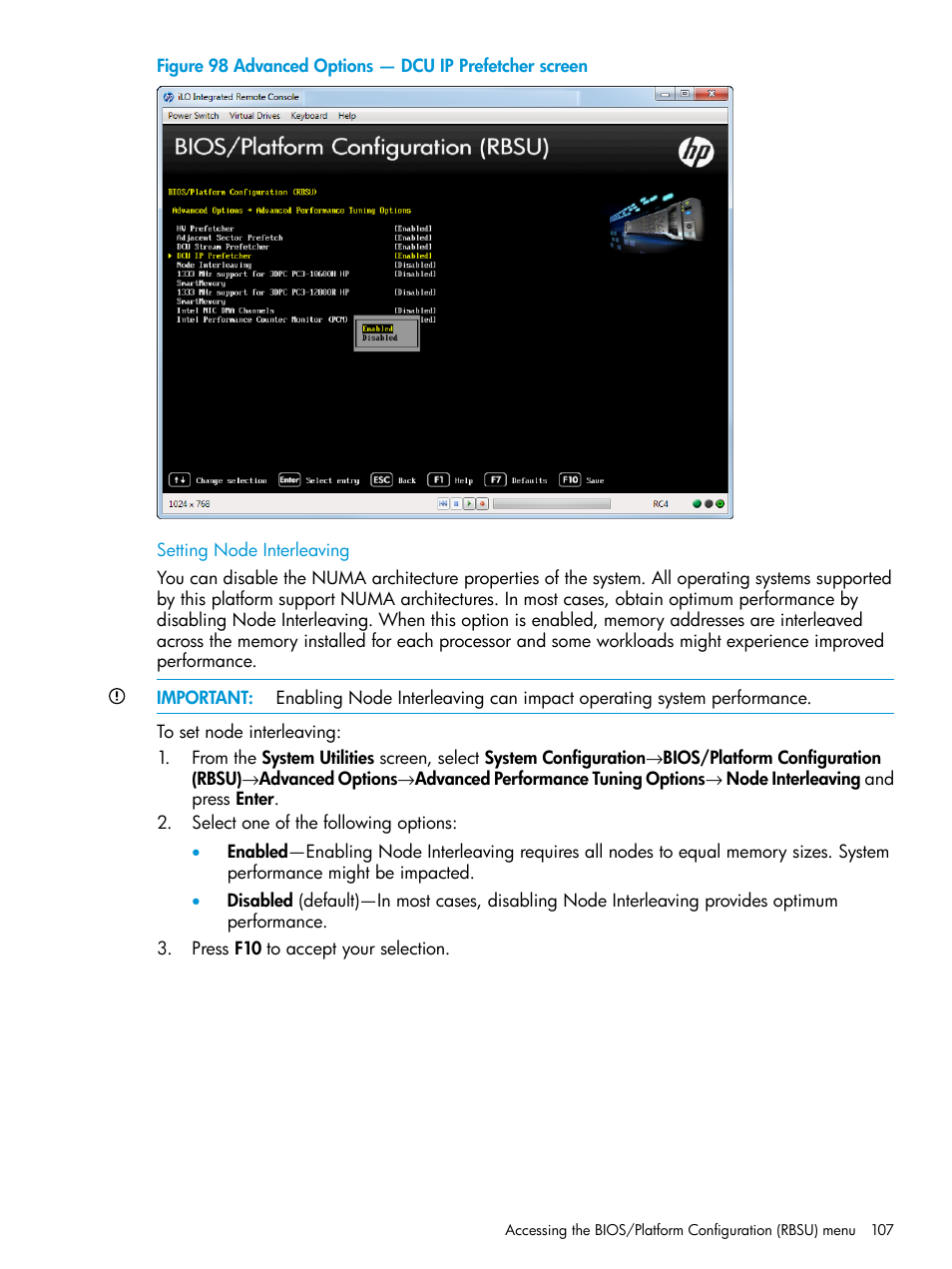 Setting node interleaving | HP Unified Extensible Firmware Interface User Manual | Page 107 / 158