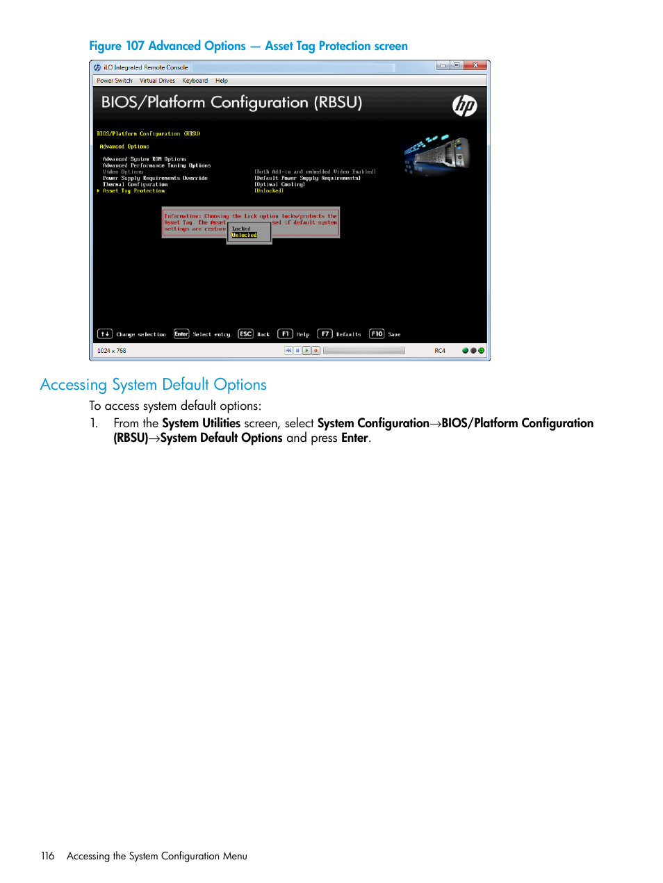 Accessing system default options | HP Unified Extensible Firmware Interface User Manual | Page 116 / 158