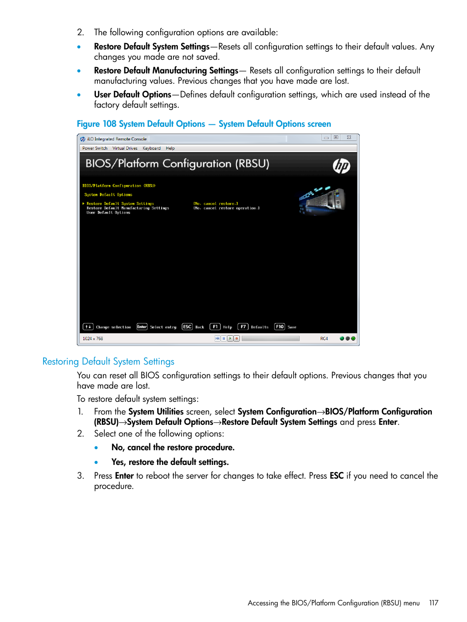 Restoring default system settings | HP Unified Extensible Firmware Interface User Manual | Page 117 / 158