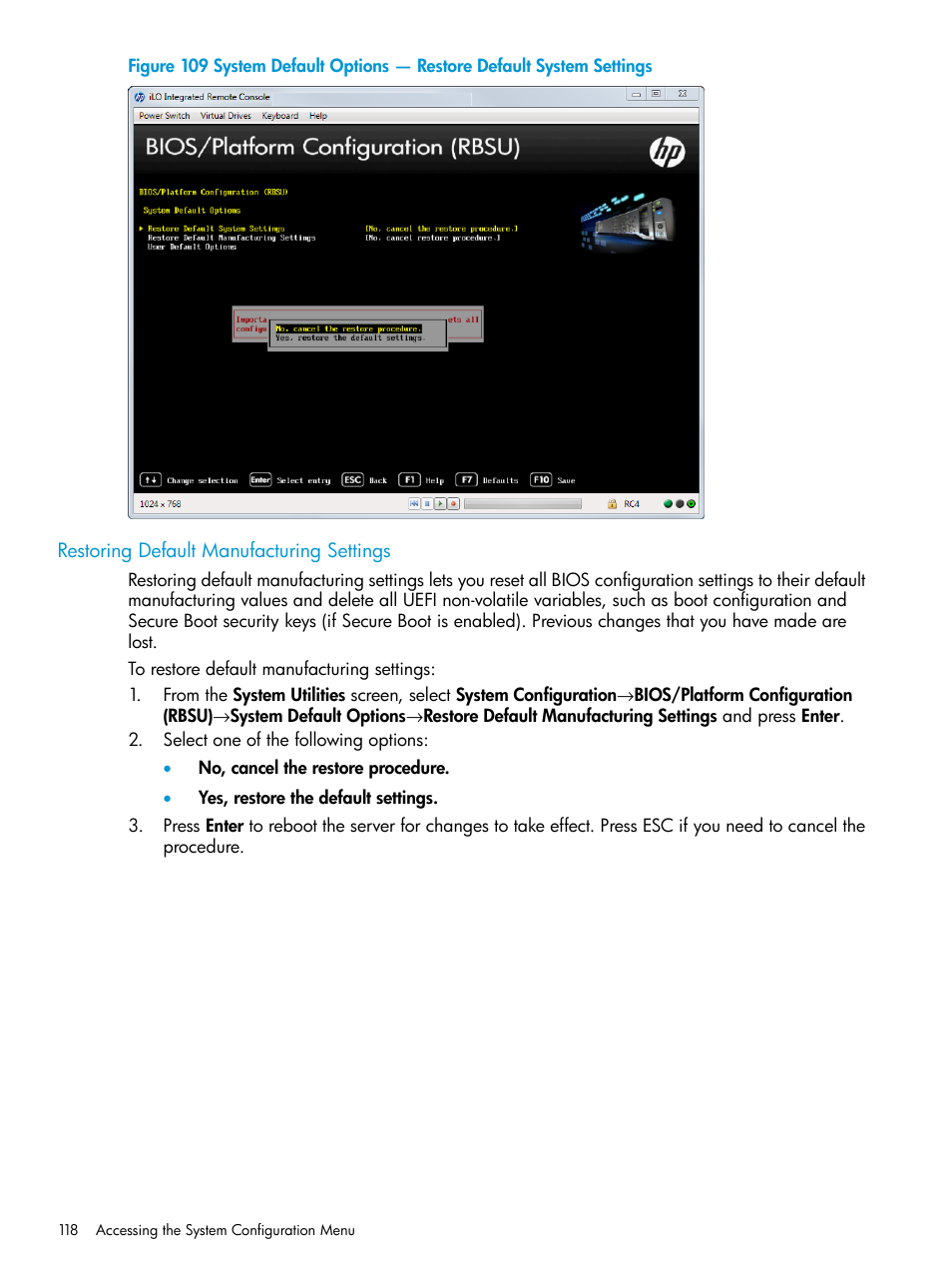 Restoring default manufacturing settings | HP Unified Extensible Firmware Interface User Manual | Page 118 / 158