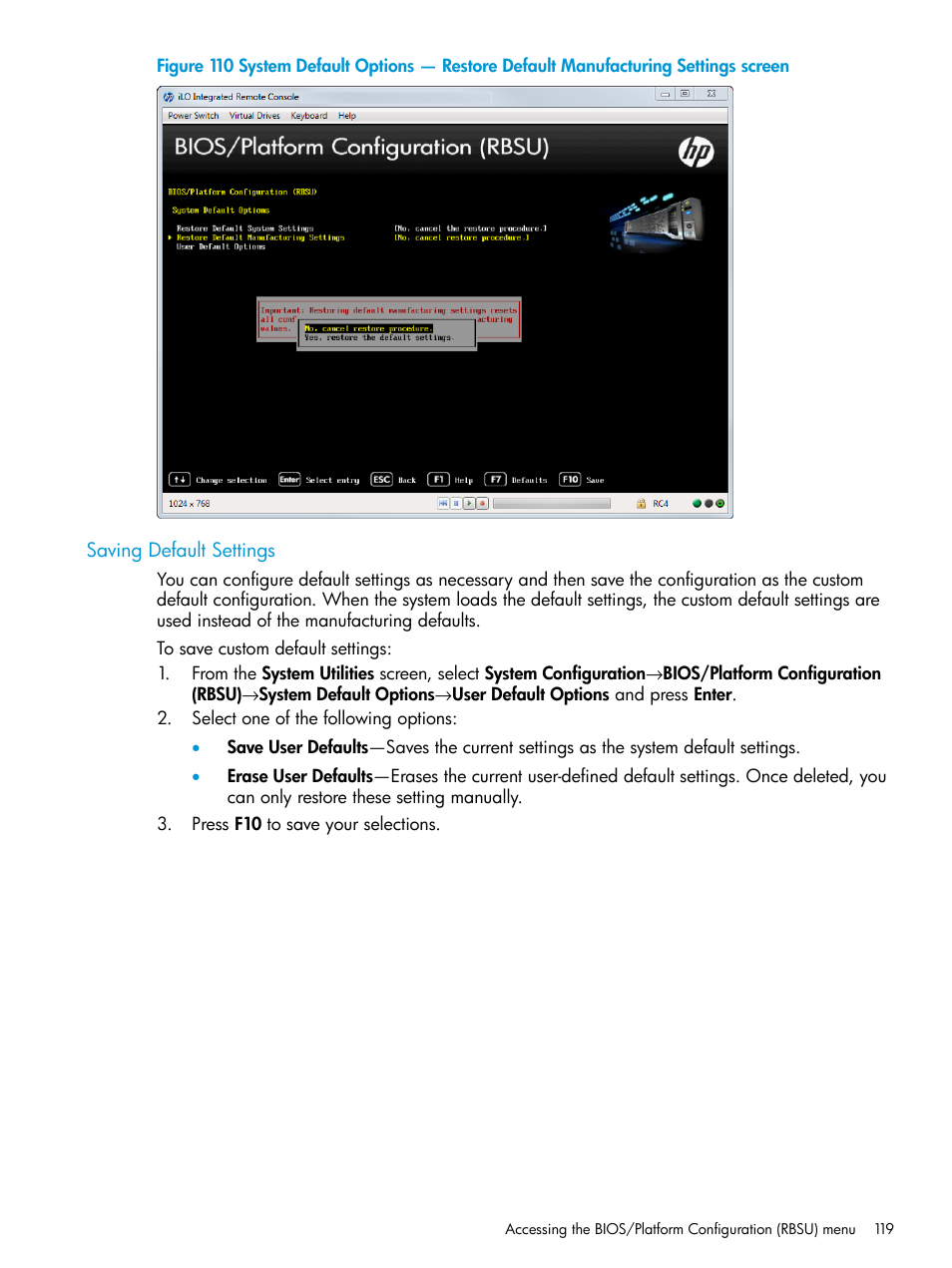 Saving default settings | HP Unified Extensible Firmware Interface User Manual | Page 119 / 158