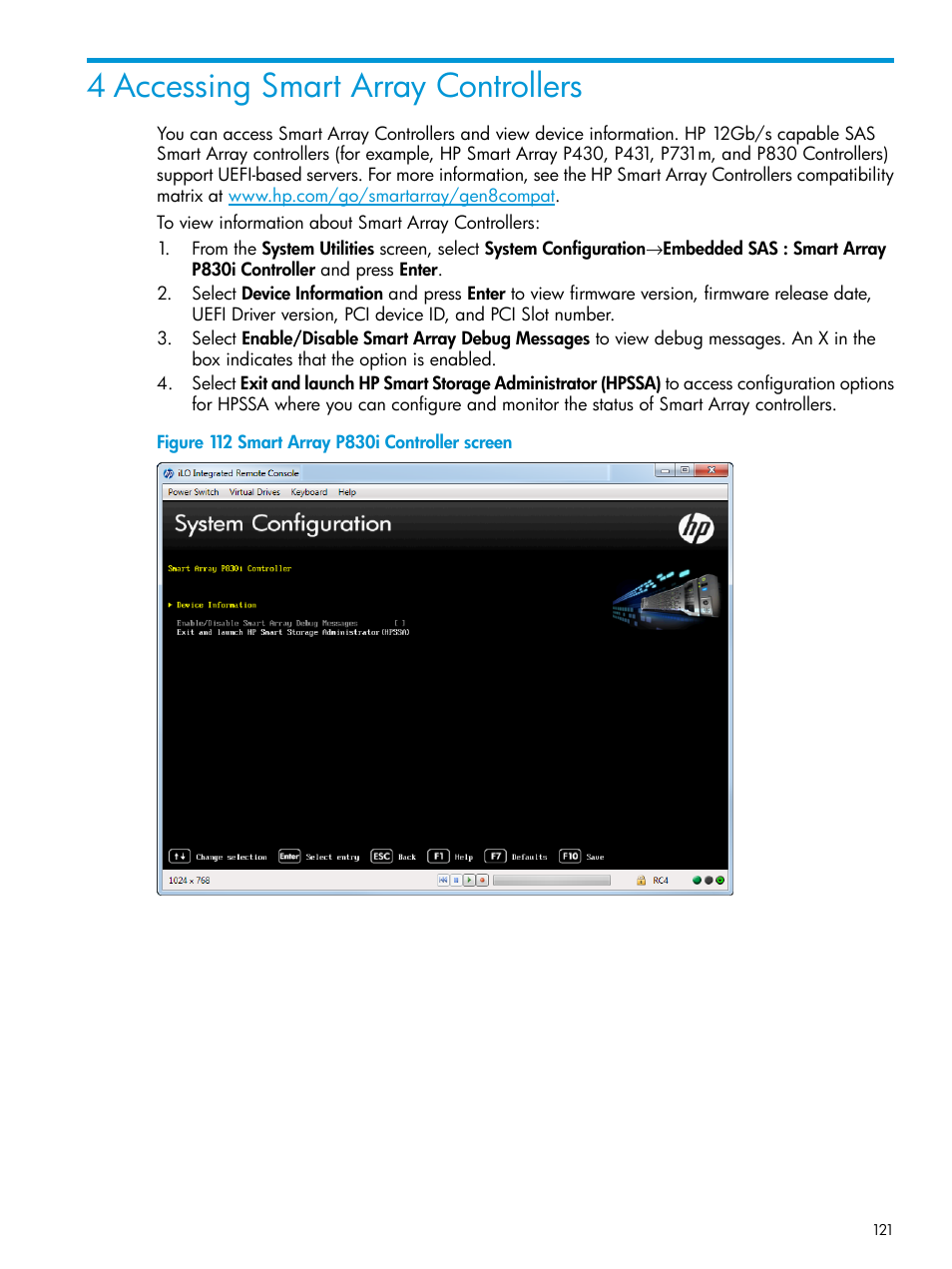 4 accessing smart array controllers | HP Unified Extensible Firmware Interface User Manual | Page 121 / 158