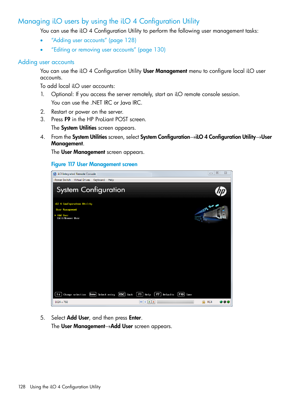 Adding user accounts | HP Unified Extensible Firmware Interface User Manual | Page 128 / 158