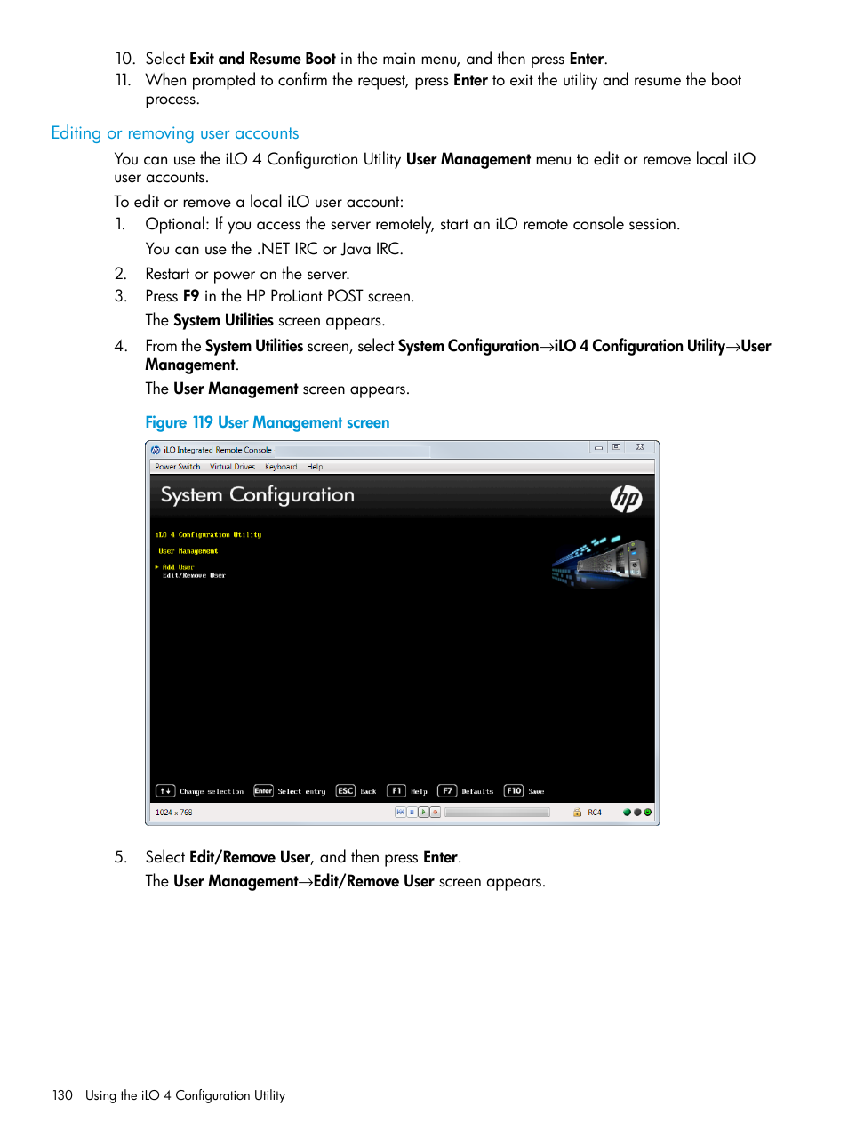 Editing or removing user accounts | HP Unified Extensible Firmware Interface User Manual | Page 130 / 158
