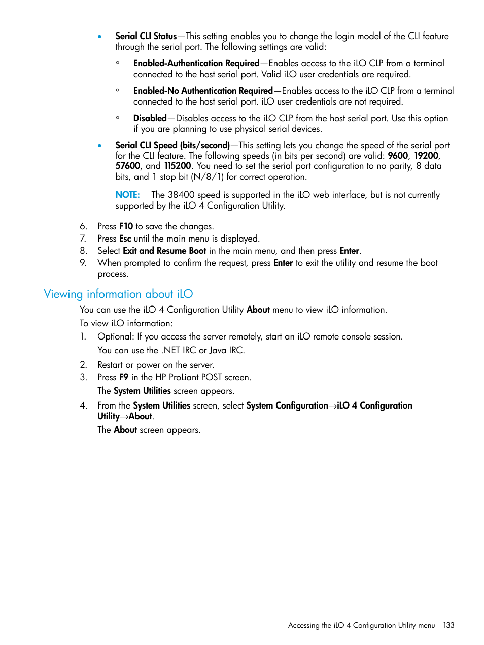 Viewing information about ilo | HP Unified Extensible Firmware Interface User Manual | Page 133 / 158
