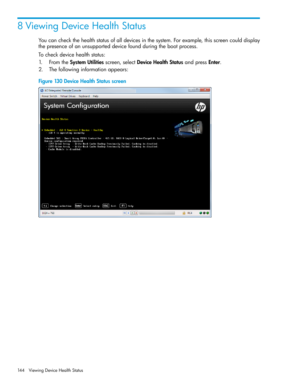 8 viewing device health status, Viewing device health status | HP Unified Extensible Firmware Interface User Manual | Page 144 / 158