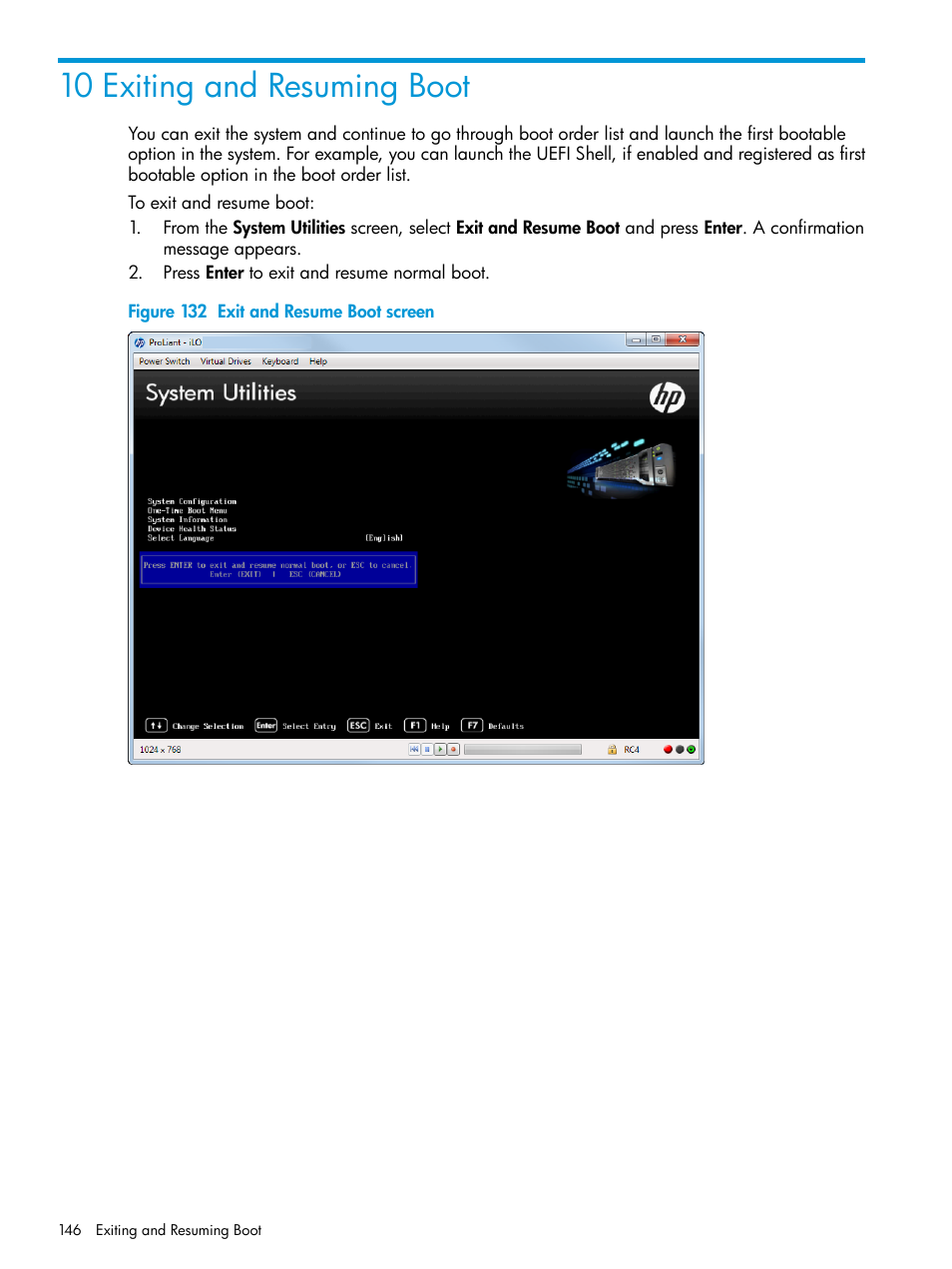 10 exiting and resuming boot, Exiting and resuming boot | HP Unified Extensible Firmware Interface User Manual | Page 146 / 158