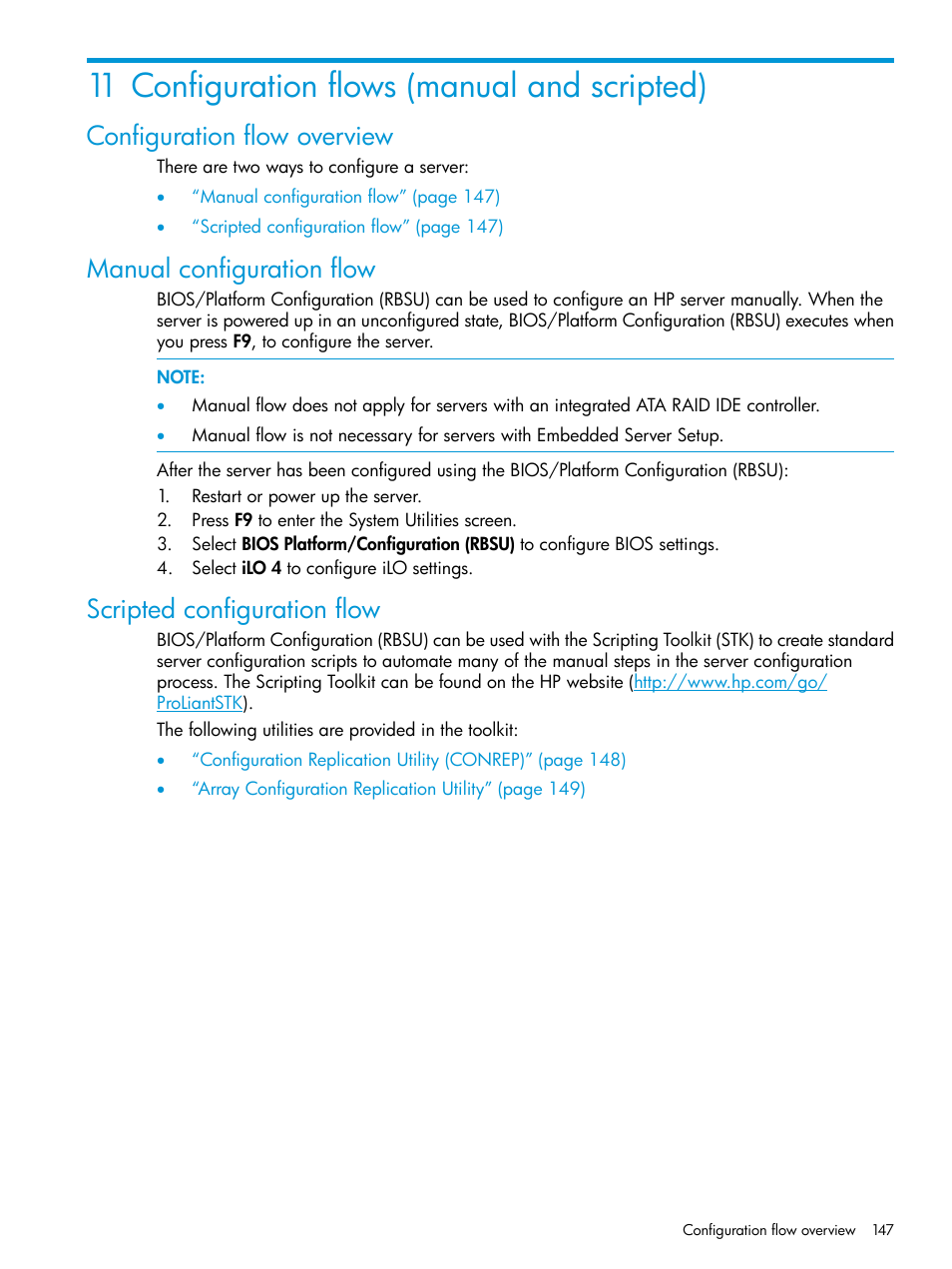 11 configuration flows (manual and scripted), Configuration flow overview, Manual configuration flow | Scripted configuration flow | HP Unified Extensible Firmware Interface User Manual | Page 147 / 158