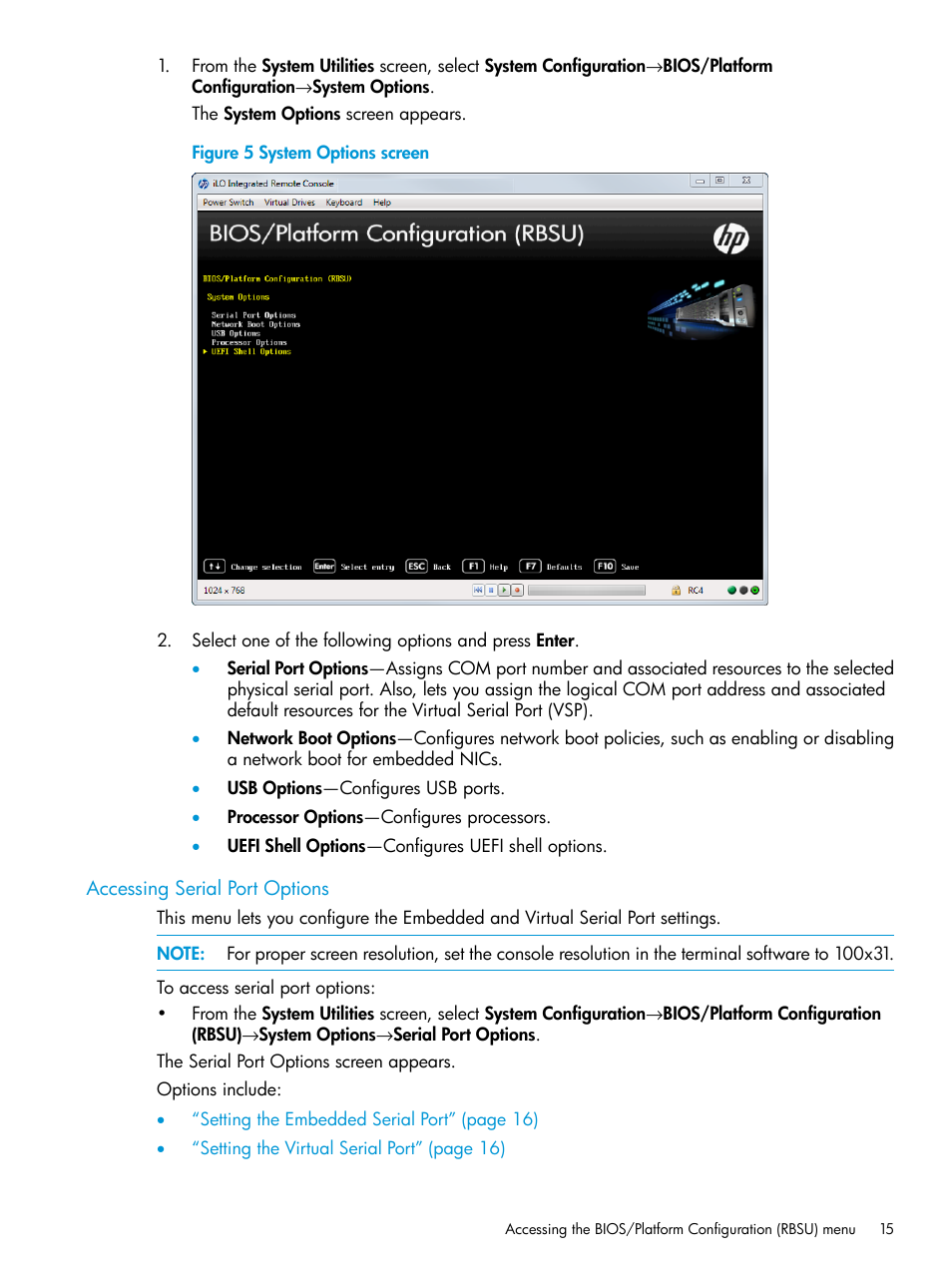 Accessing serial port options | HP Unified Extensible Firmware Interface User Manual | Page 15 / 158