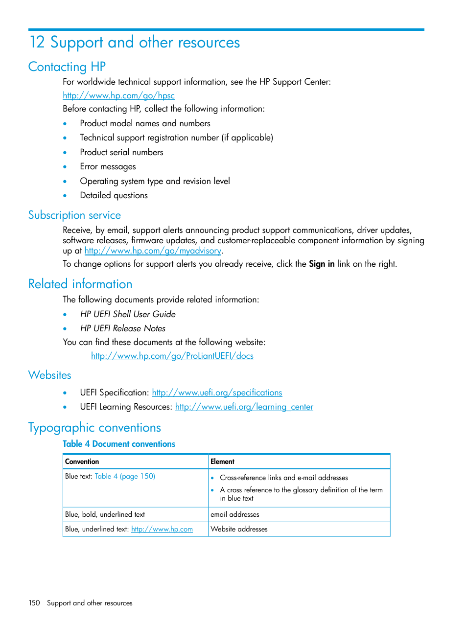 12 support and other resources, Contacting hp, Subscription service | Related information, Websites, Typographic conventions | HP Unified Extensible Firmware Interface User Manual | Page 150 / 158