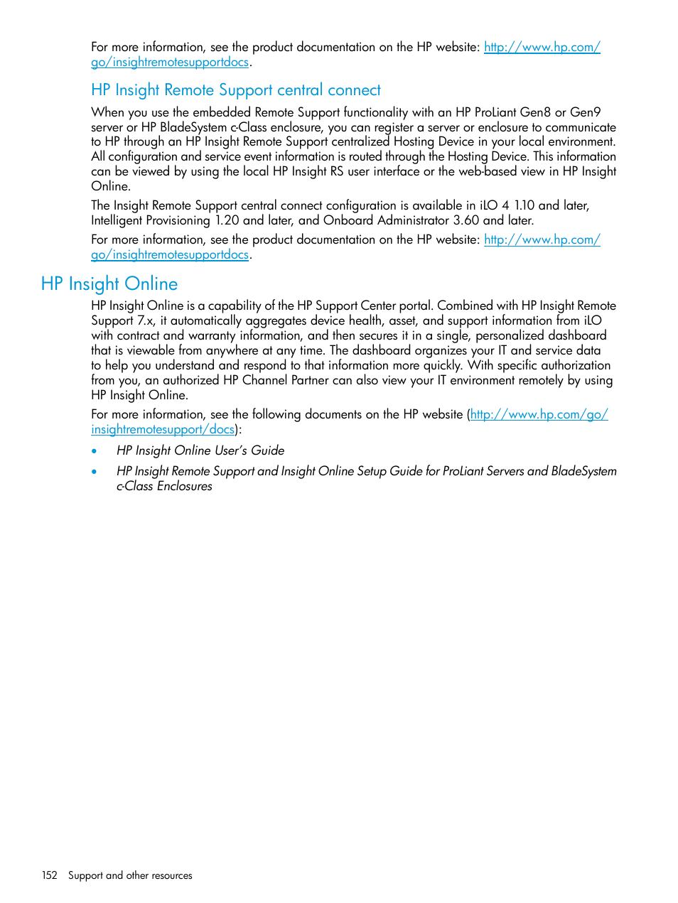 Hp insight online, Hp insight remote support central connect | HP Unified Extensible Firmware Interface User Manual | Page 152 / 158