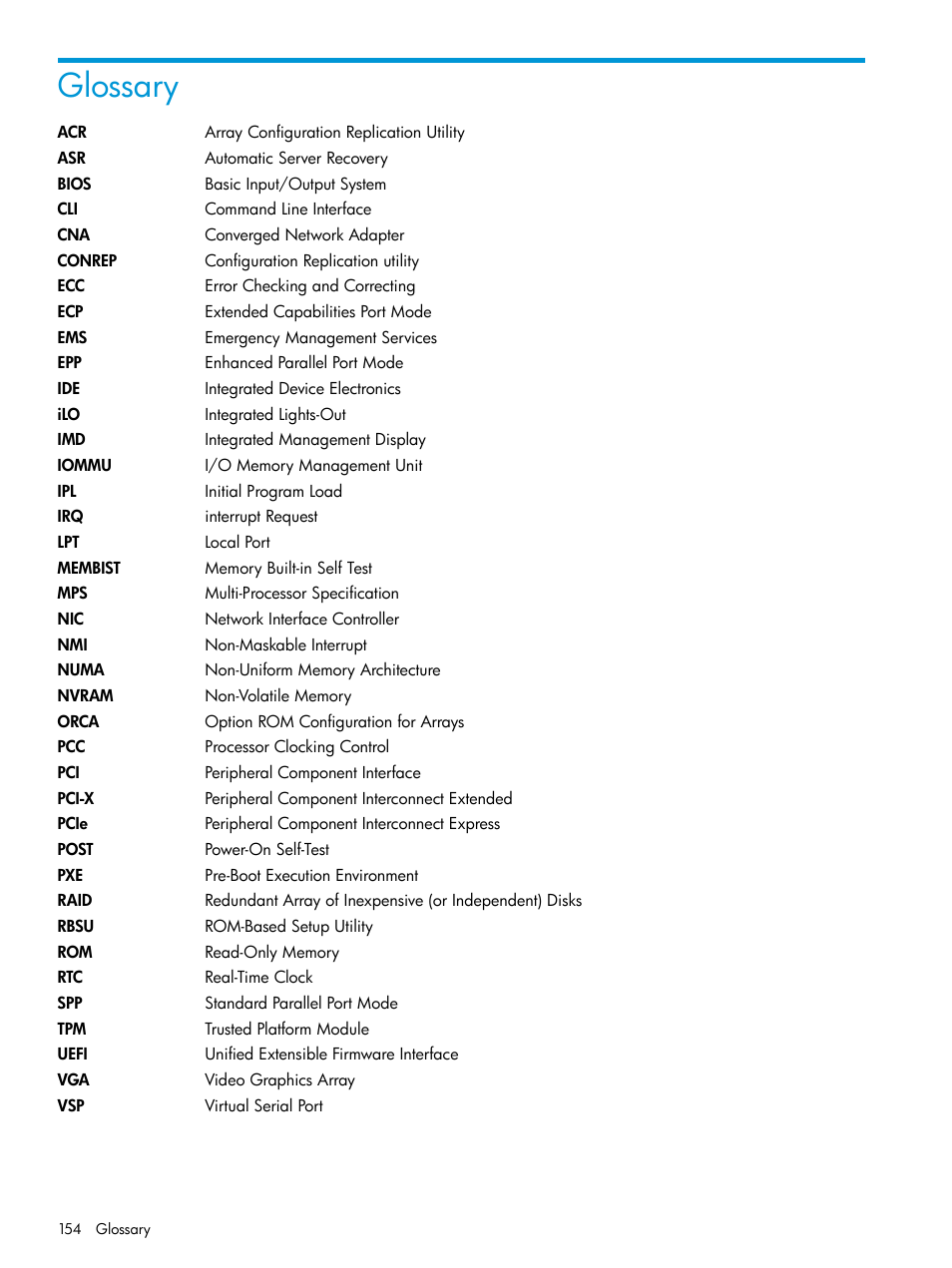 Glossary | HP Unified Extensible Firmware Interface User Manual | Page 154 / 158