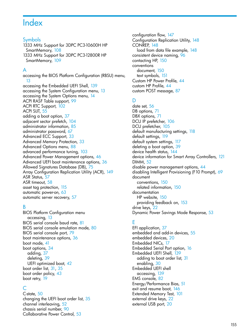 Index | HP Unified Extensible Firmware Interface User Manual | Page 155 / 158