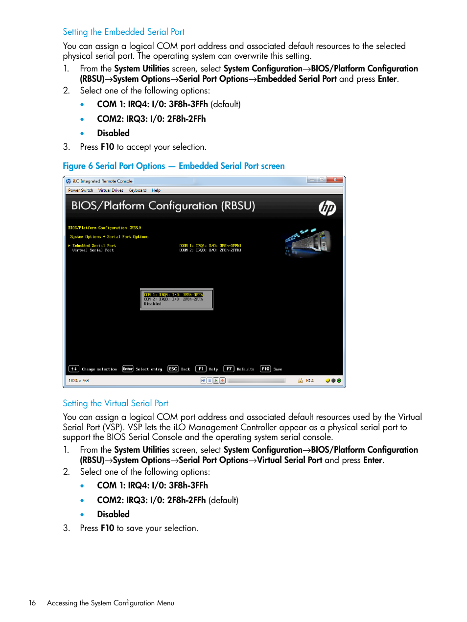 Setting the embedded serial port, Setting the virtual serial port | HP Unified Extensible Firmware Interface User Manual | Page 16 / 158