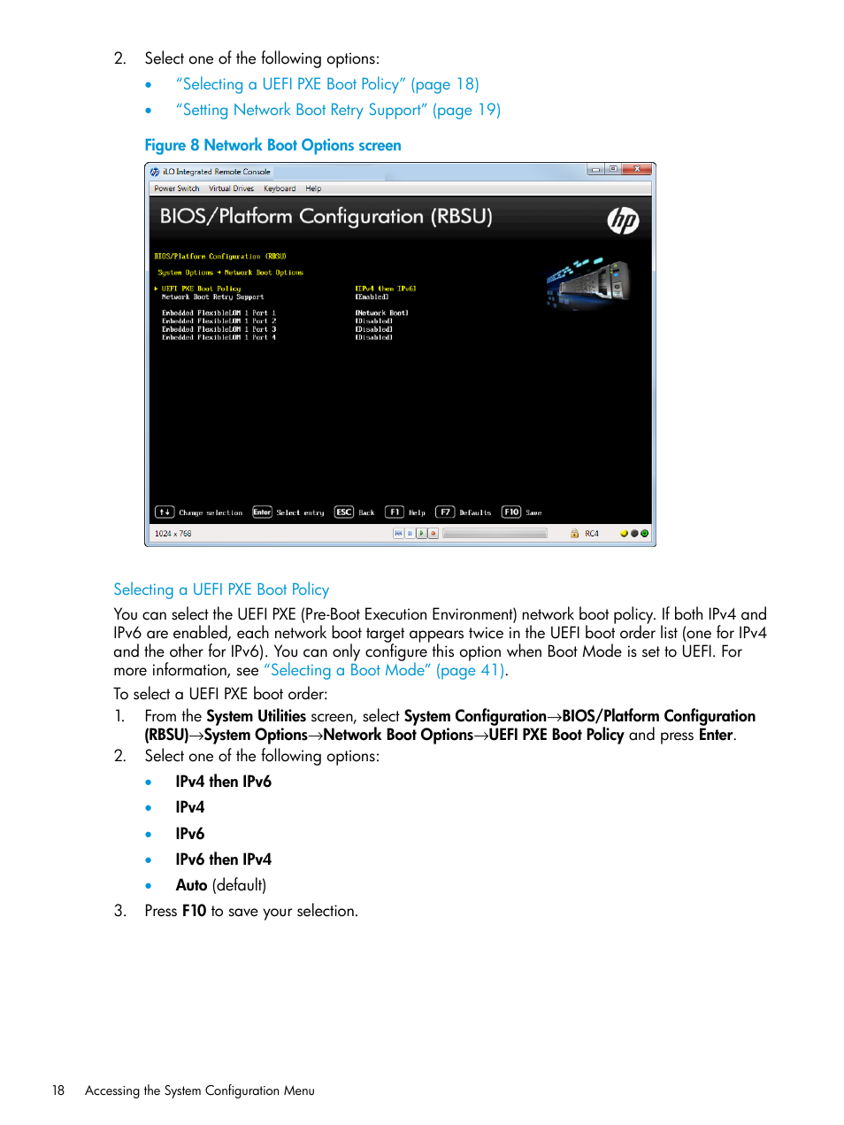 Selecting a uefi pxe boot policy | HP Unified Extensible Firmware Interface User Manual | Page 18 / 158