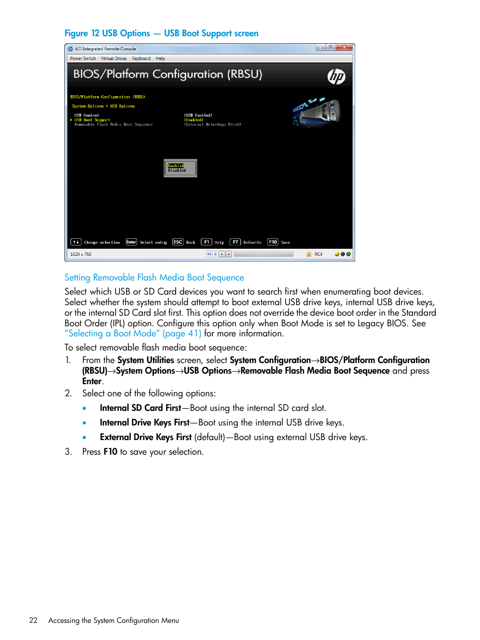 Setting removable flash media boot sequence | HP Unified Extensible Firmware Interface User Manual | Page 22 / 158