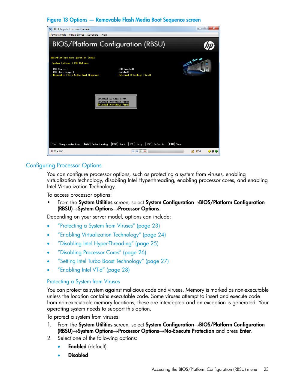 Configuring processor options, Protecting a system from viruses | HP Unified Extensible Firmware Interface User Manual | Page 23 / 158