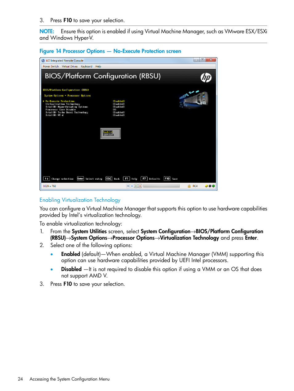 Enabling virtualization technology | HP Unified Extensible Firmware Interface User Manual | Page 24 / 158