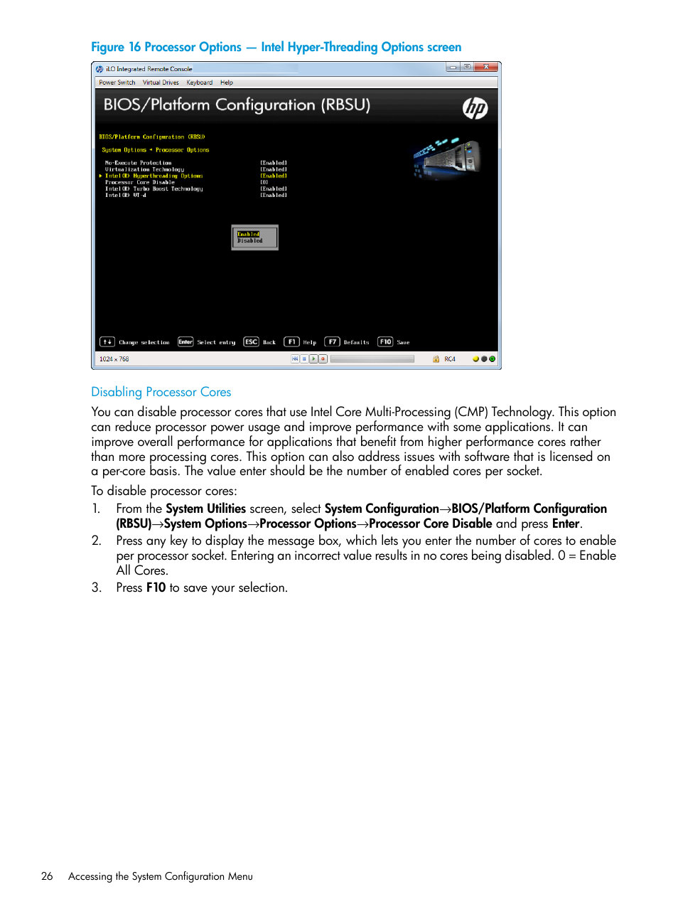 Disabling processor cores | HP Unified Extensible Firmware Interface User Manual | Page 26 / 158