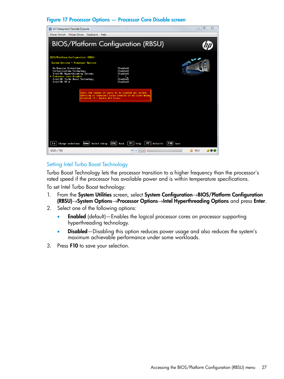Setting intel turbo boost technology | HP Unified Extensible Firmware Interface User Manual | Page 27 / 158