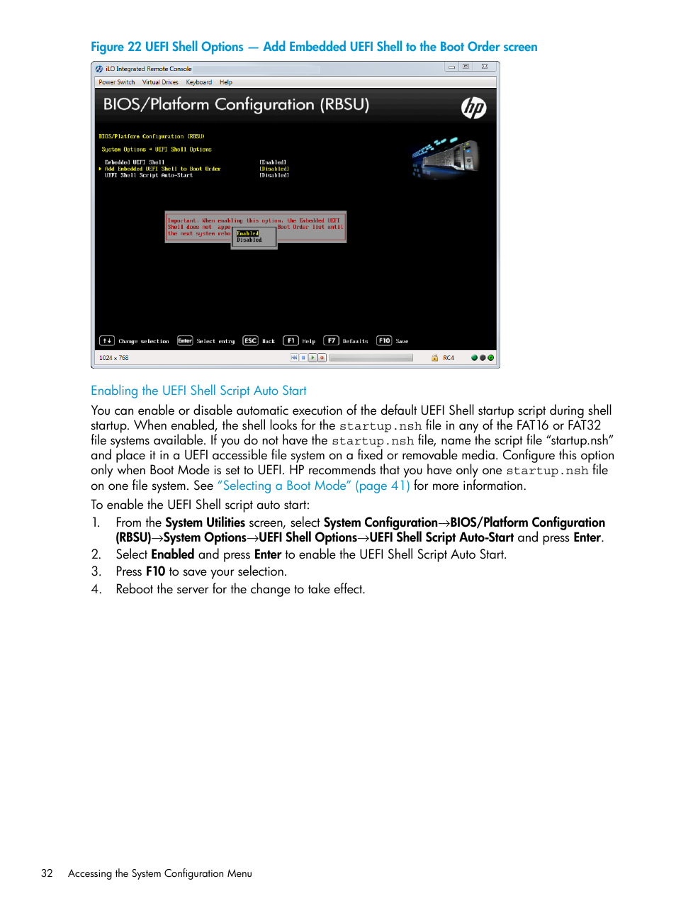 Enabling the uefi shell script auto start | HP Unified Extensible Firmware Interface User Manual | Page 32 / 158