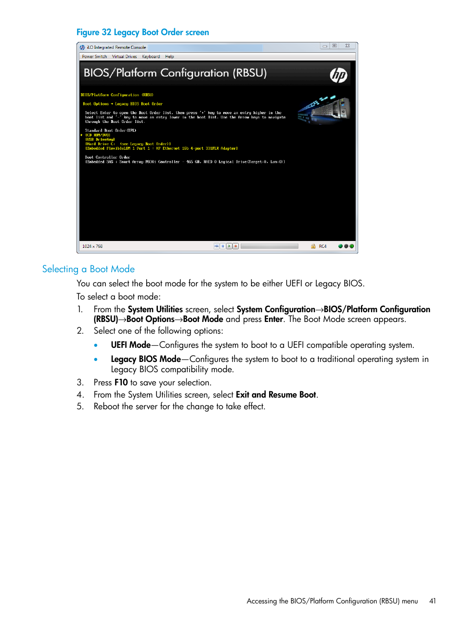 Selecting a boot mode | HP Unified Extensible Firmware Interface User Manual | Page 41 / 158