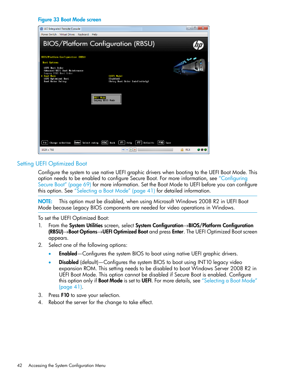 Setting uefi optimized boot | HP Unified Extensible Firmware Interface User Manual | Page 42 / 158