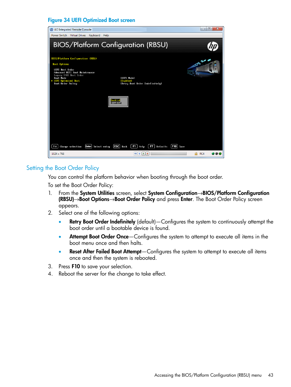 Setting the boot order policy | HP Unified Extensible Firmware Interface User Manual | Page 43 / 158