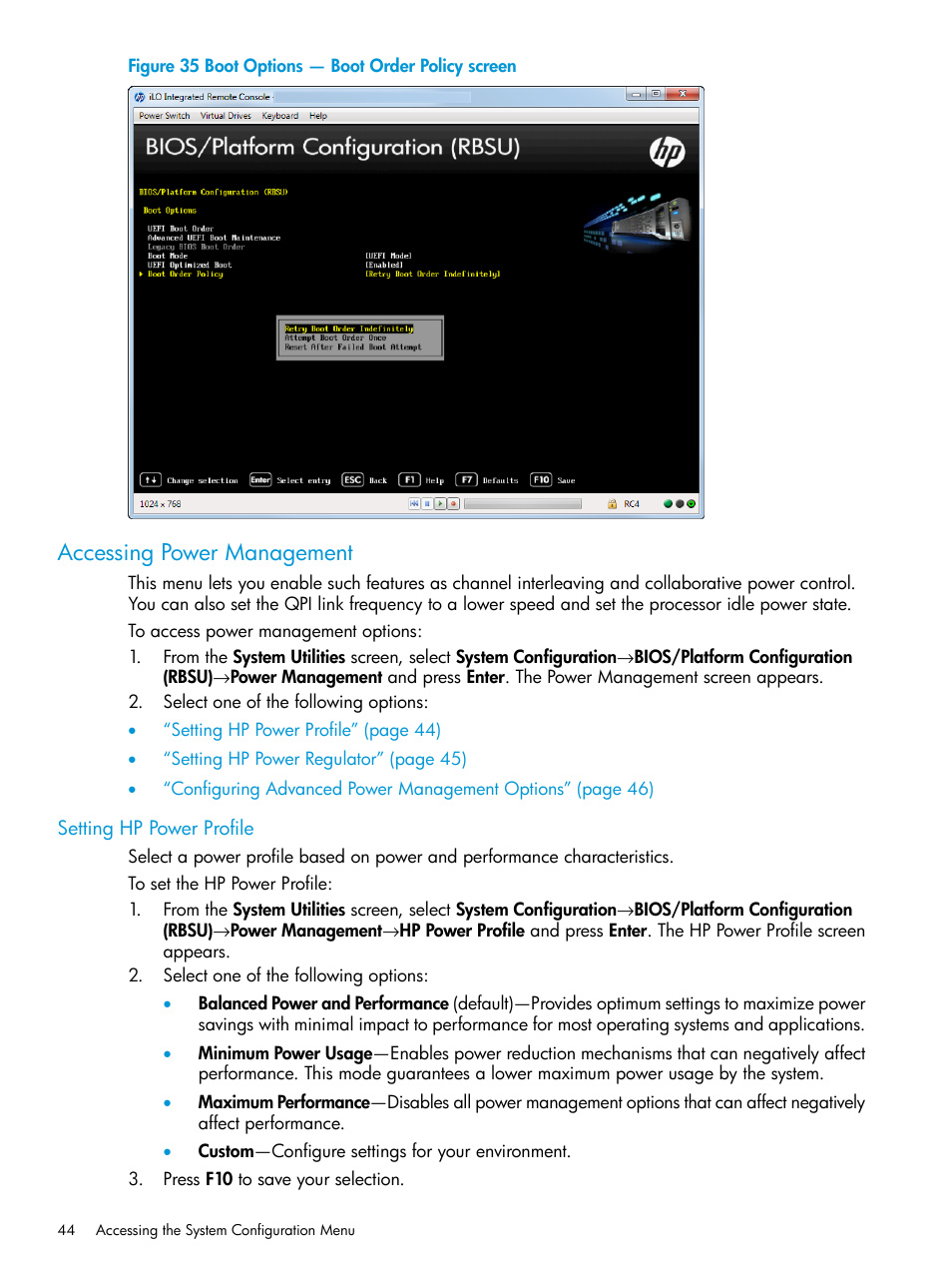 Accessing power management, Setting hp power profile | HP Unified Extensible Firmware Interface User Manual | Page 44 / 158