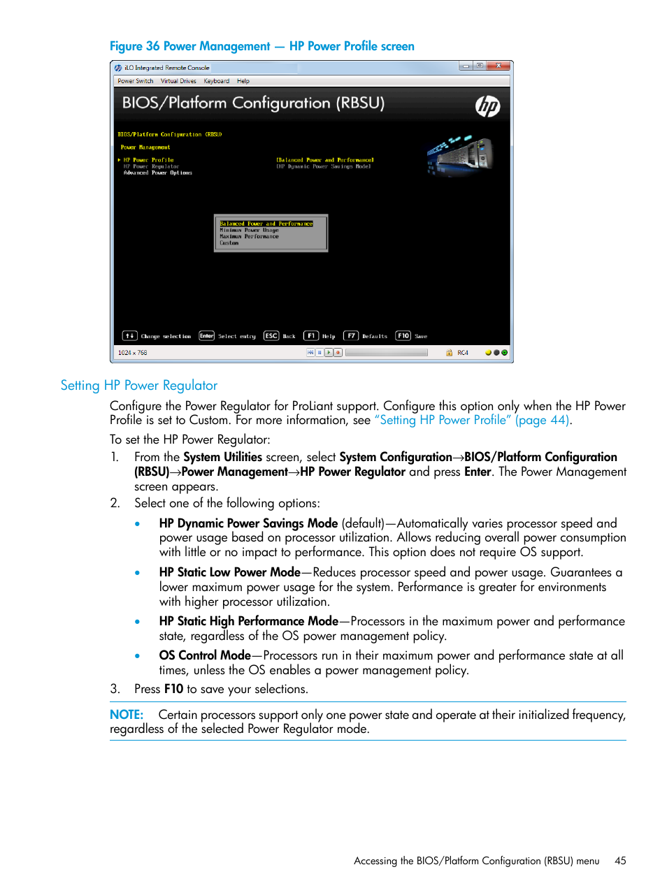 Setting hp power regulator | HP Unified Extensible Firmware Interface User Manual | Page 45 / 158