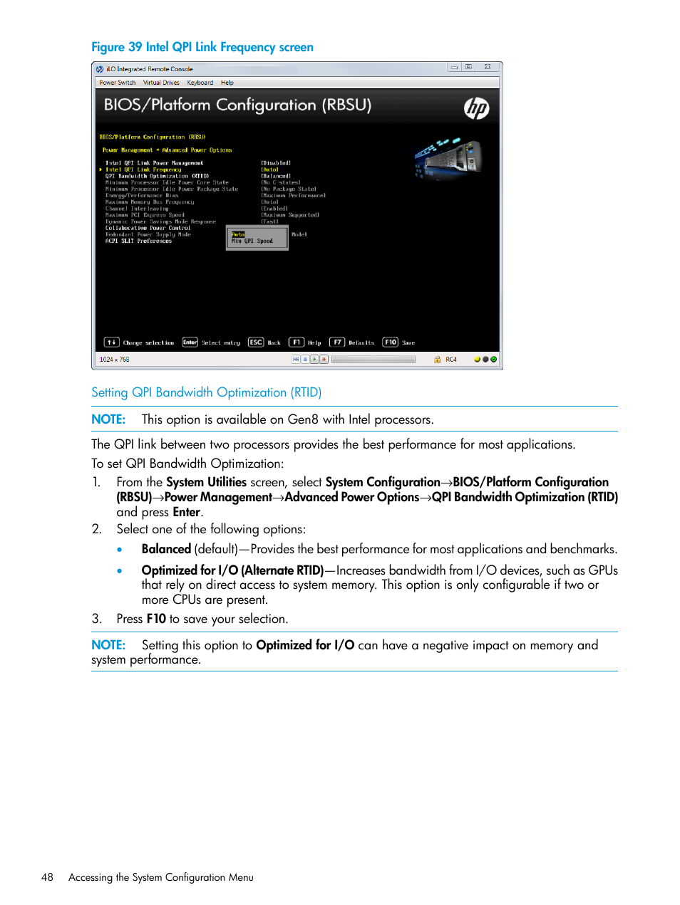 Setting qpi bandwidth optimization (rtid) | HP Unified Extensible Firmware Interface User Manual | Page 48 / 158