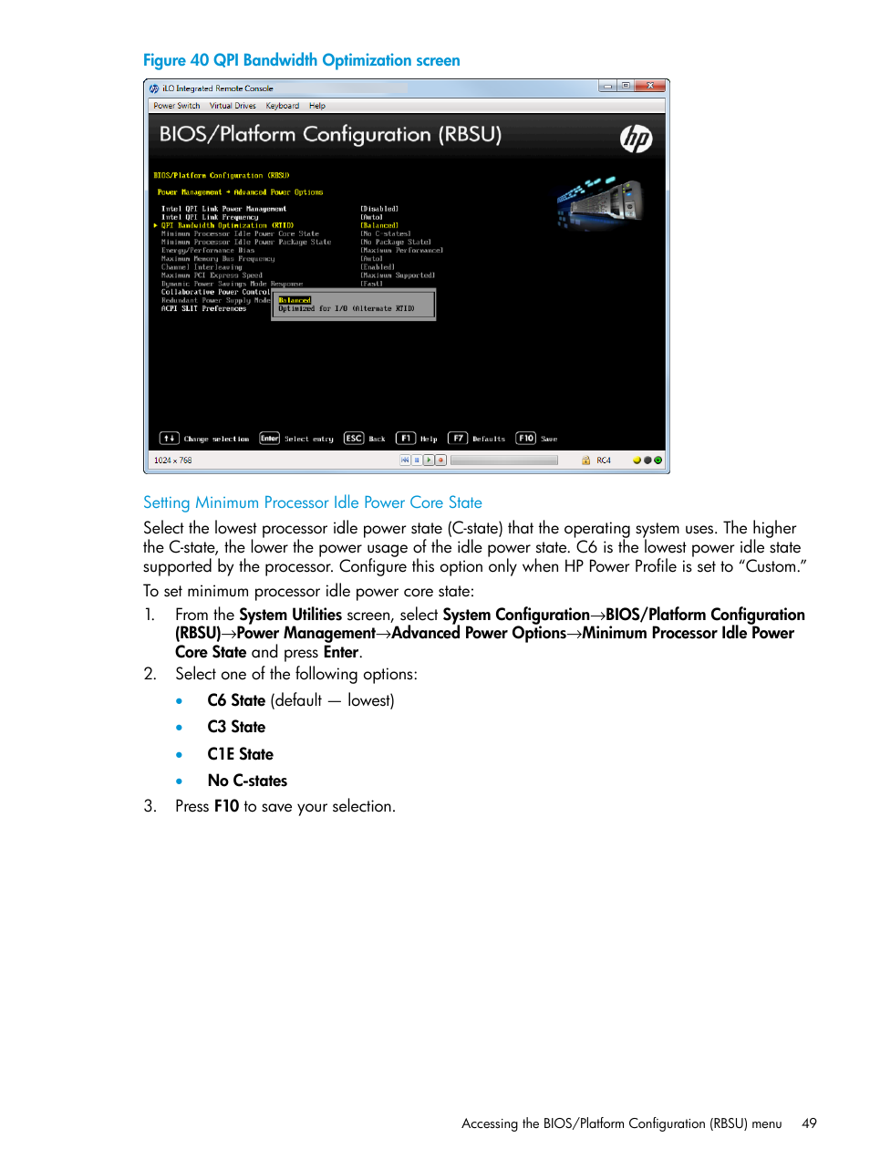 Setting minimum processor idle power core state | HP Unified Extensible Firmware Interface User Manual | Page 49 / 158