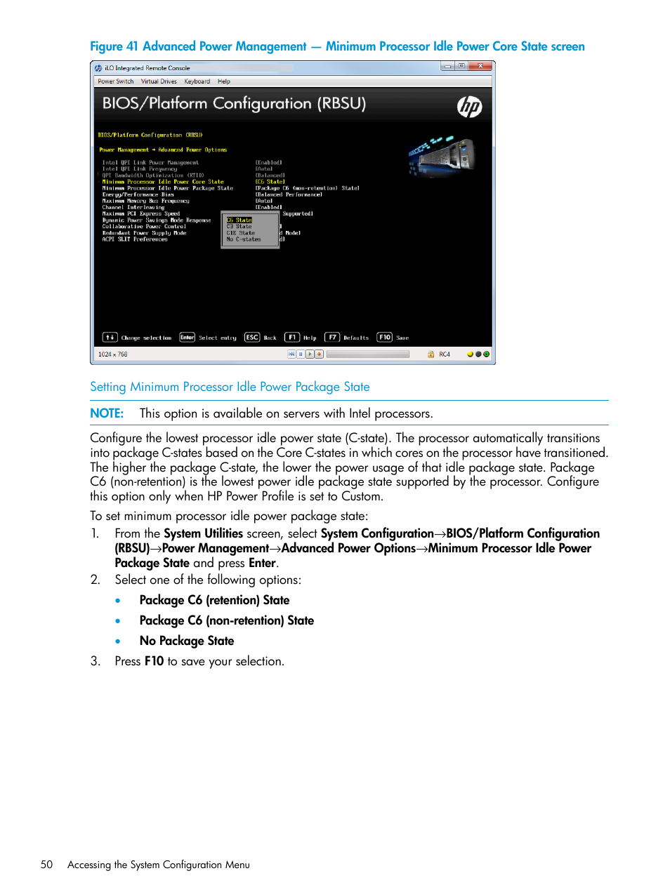 Setting minimum processor idle power package state | HP Unified Extensible Firmware Interface User Manual | Page 50 / 158