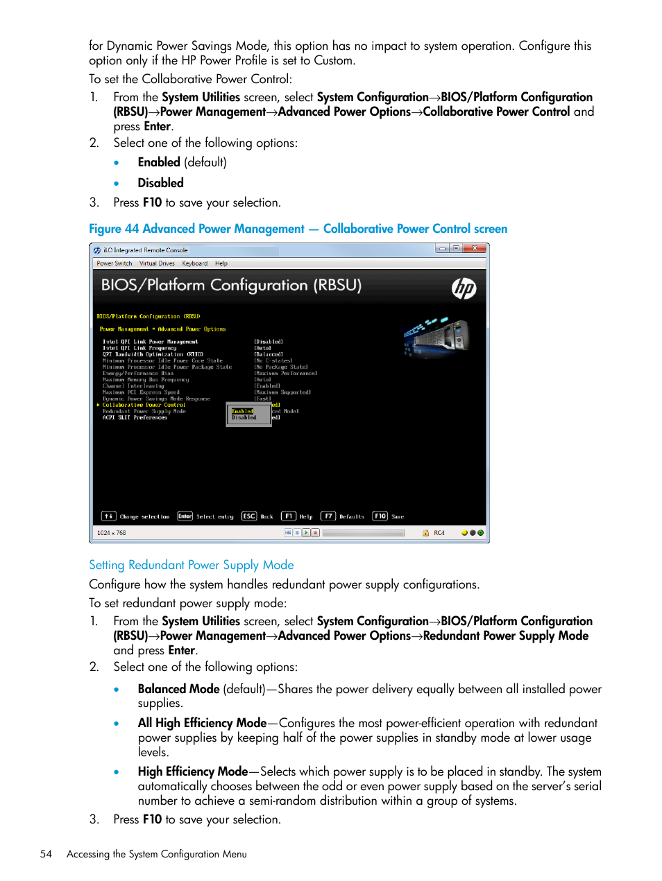 Setting redundant power supply mode | HP Unified Extensible Firmware Interface User Manual | Page 54 / 158