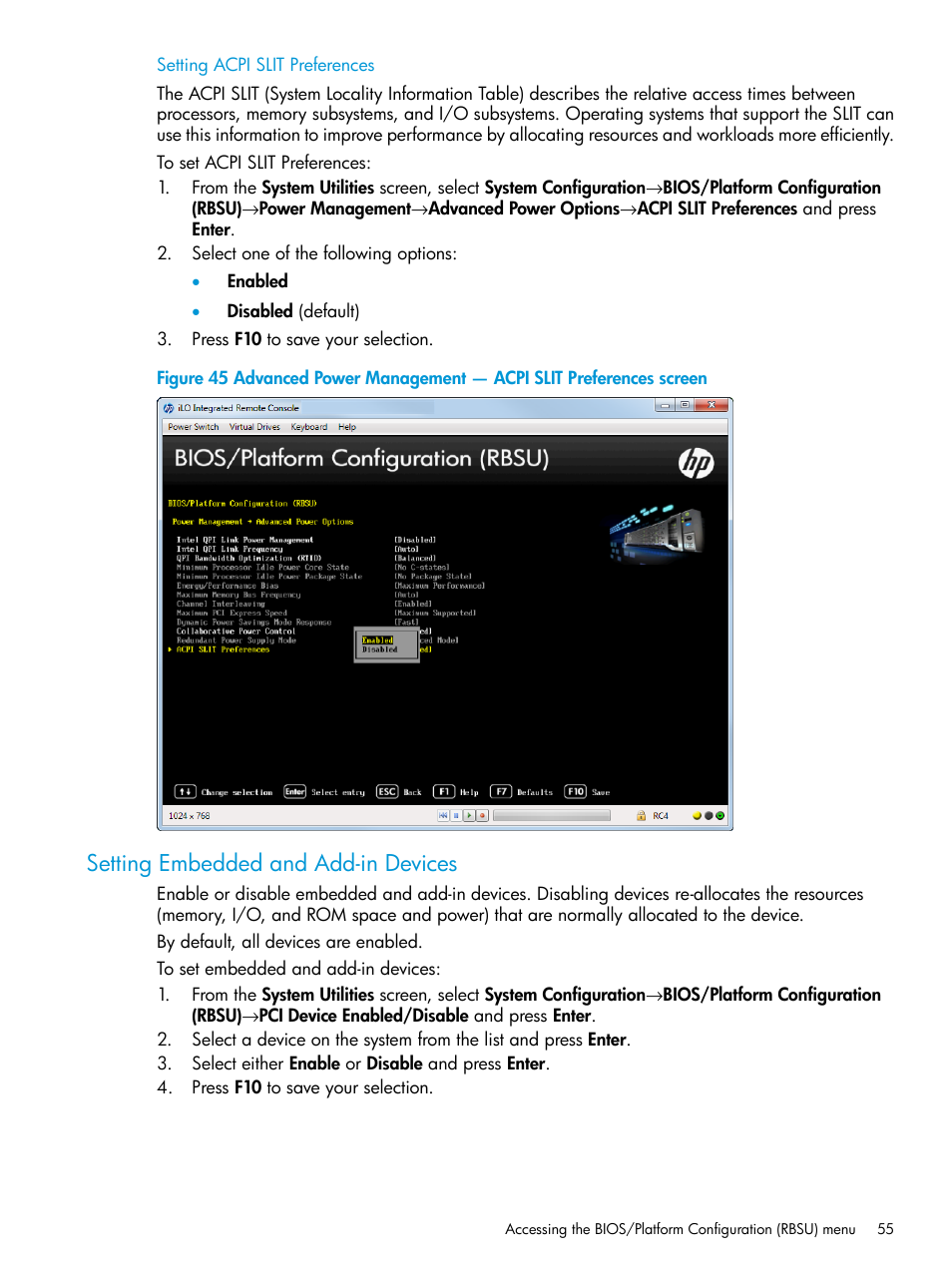 Setting acpi slit preferences, Setting embedded and add-in devices | HP Unified Extensible Firmware Interface User Manual | Page 55 / 158