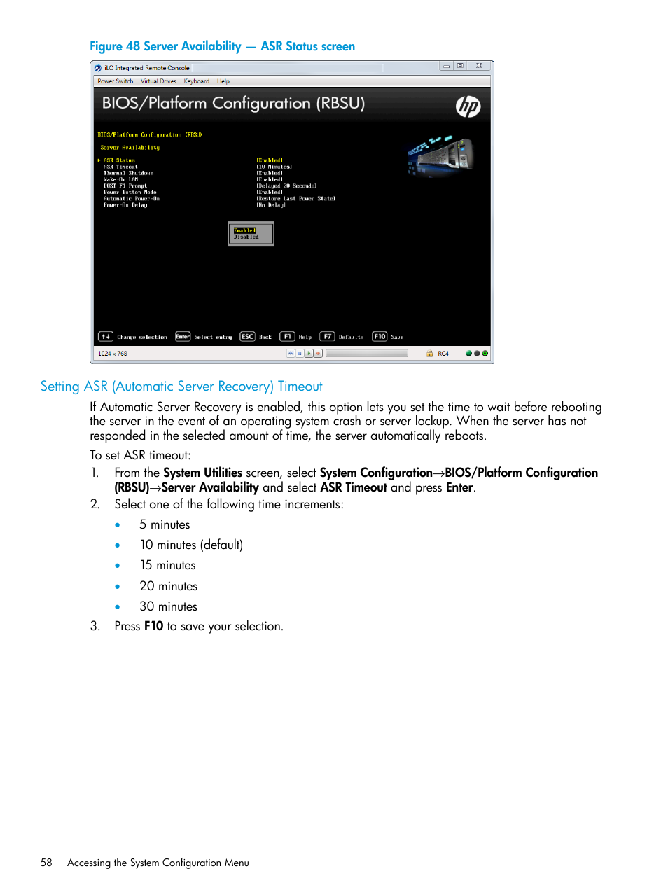 Setting asr (automatic server recovery) timeout | HP Unified Extensible Firmware Interface User Manual | Page 58 / 158