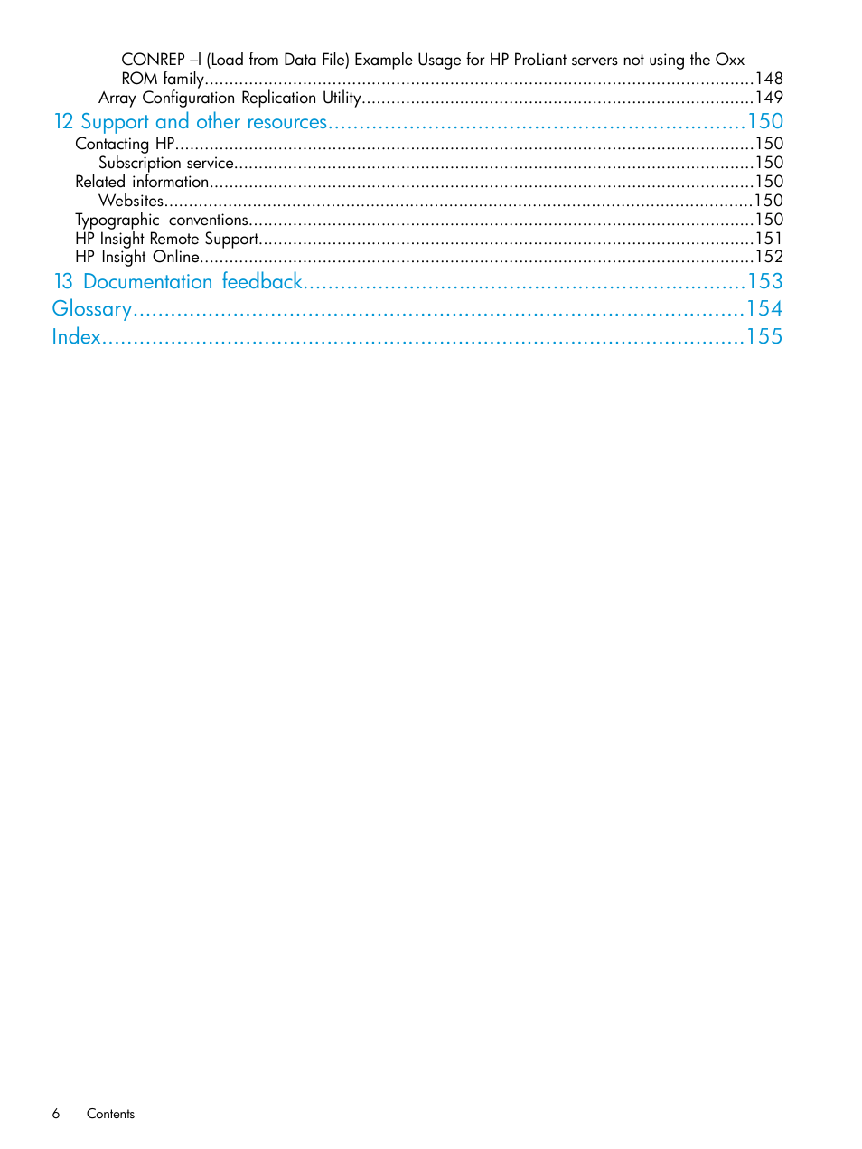 12 support and other resources, 13 documentation feedback glossary index | HP Unified Extensible Firmware Interface User Manual | Page 6 / 158