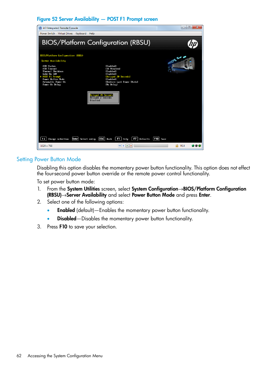 Setting power button mode | HP Unified Extensible Firmware Interface User Manual | Page 62 / 158