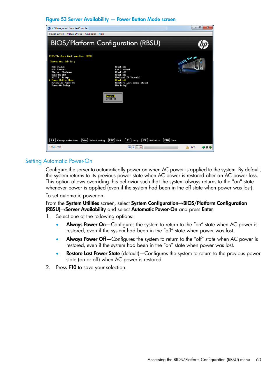 Setting automatic power-on | HP Unified Extensible Firmware Interface User Manual | Page 63 / 158