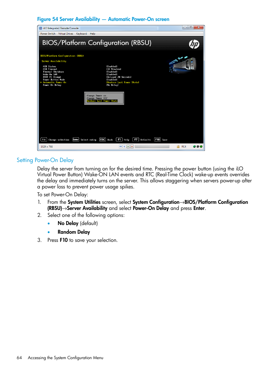 Setting power-on delay | HP Unified Extensible Firmware Interface User Manual | Page 64 / 158