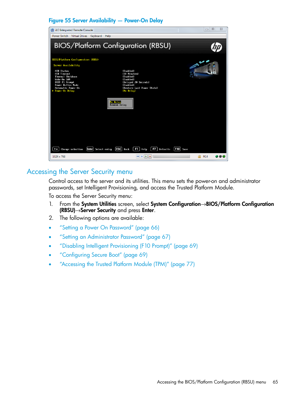 Accessing the server security menu | HP Unified Extensible Firmware Interface User Manual | Page 65 / 158