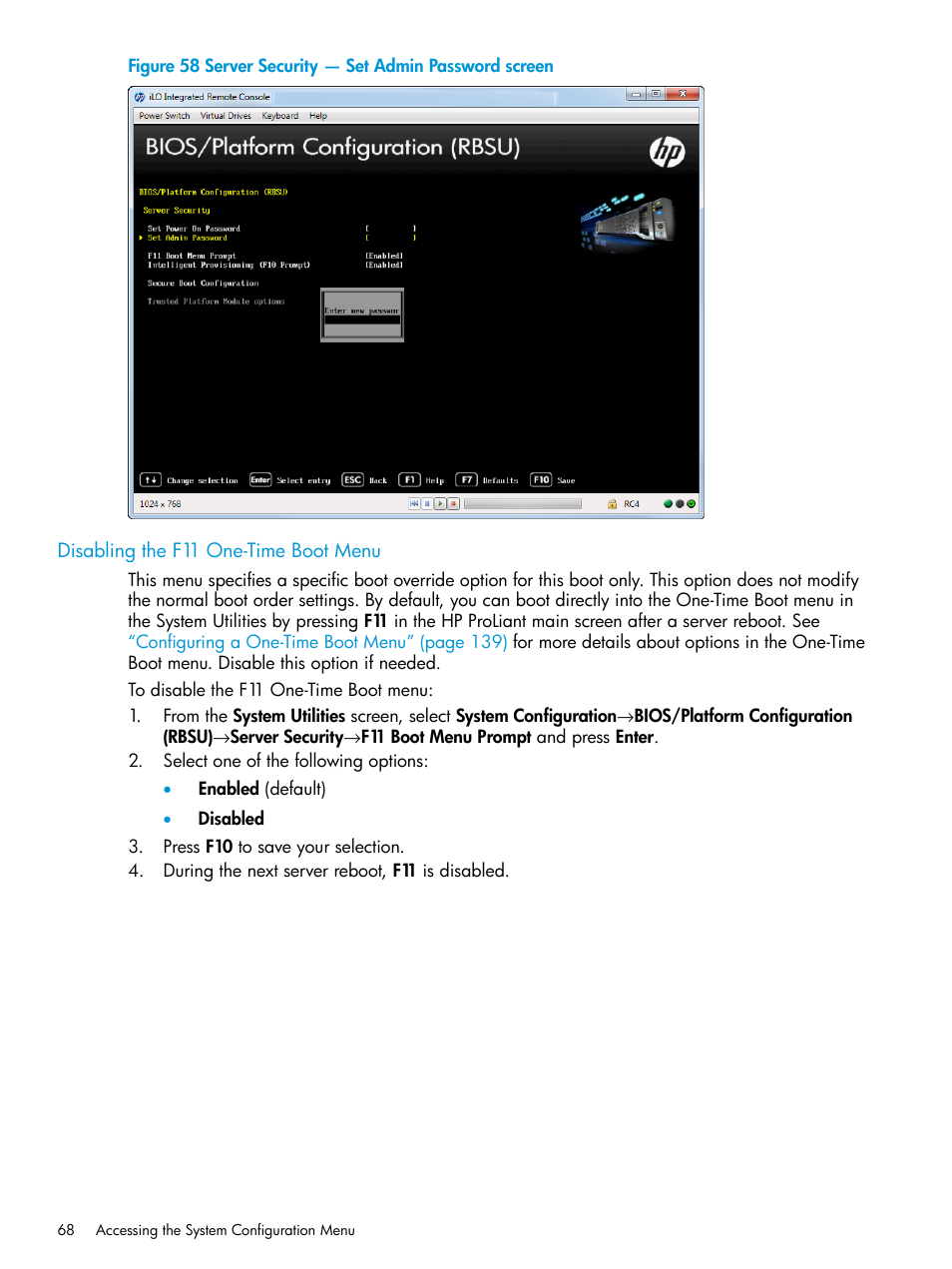 Disabling the f11 one-time boot menu | HP Unified Extensible Firmware Interface User Manual | Page 68 / 158