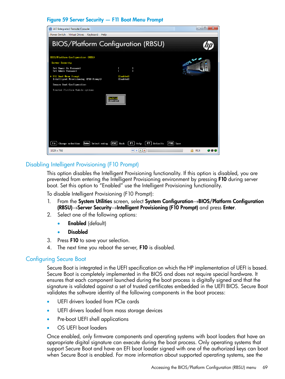 Disabling intelligent provisioning (f10 prompt), Configuring secure boot, Configuring | HP Unified Extensible Firmware Interface User Manual | Page 69 / 158