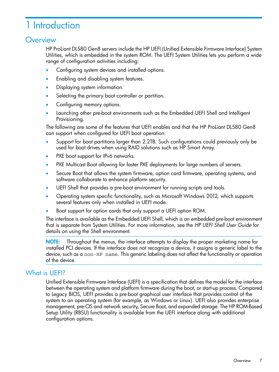 1 introduction, Overview, What is uefi | HP Unified Extensible Firmware Interface User Manual | Page 7 / 158