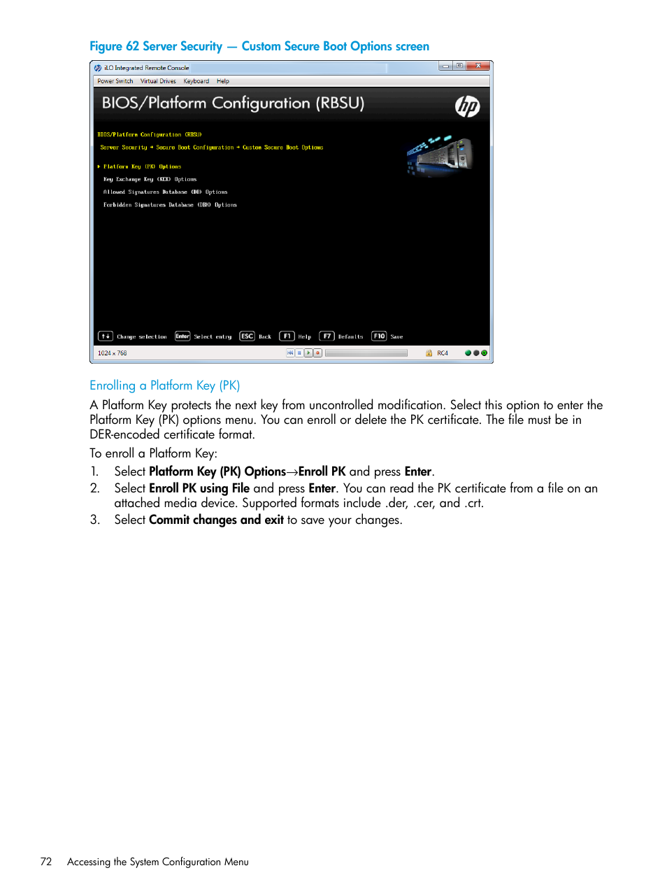 Enrolling a platform key (pk) | HP Unified Extensible Firmware Interface User Manual | Page 72 / 158