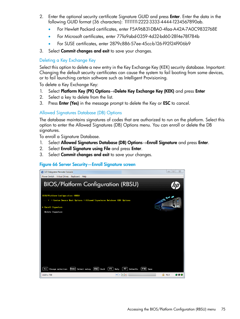 Deleting a key exchange key, Allowed signatures database (db) options | HP Unified Extensible Firmware Interface User Manual | Page 75 / 158