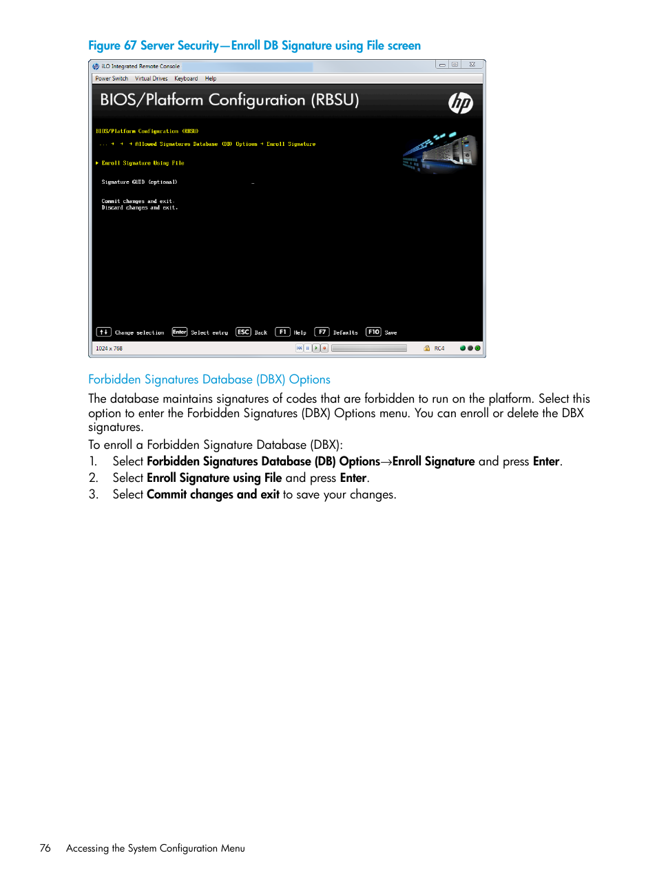 Forbidden signatures database (dbx) options, Forbidden signatures database (dbx) | HP Unified Extensible Firmware Interface User Manual | Page 76 / 158