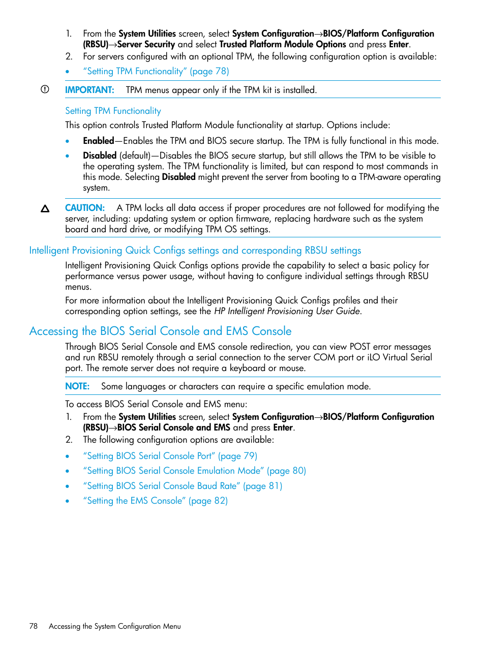 Setting tpm functionality, Accessing the bios serial console and ems console | HP Unified Extensible Firmware Interface User Manual | Page 78 / 158